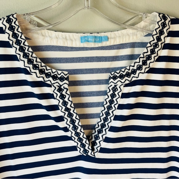 J. McLaughlin Navy Stripe V-neck 3/4 Sleeve Stretchy Blouse - Picture 4 of 8